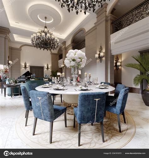 Large Luxurious Dining Table Large Living Room High Ceilings Modern ...