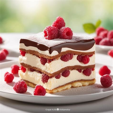 Premium Photo Sliced Tiramisu Cake With Topping Chocolate And Rasberries