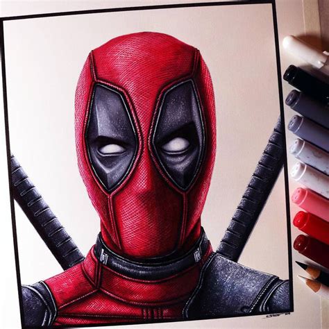 a drawing of a deadpool character with two swords in front of him and ...