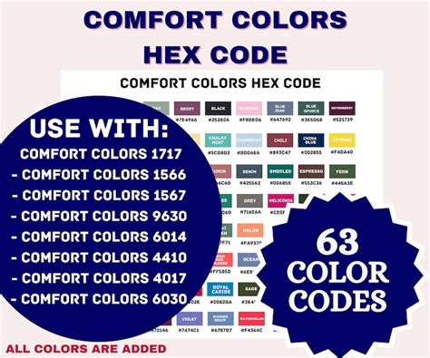 Hex Code Comfort Colors Color Chart Editable Comfort Colors Color