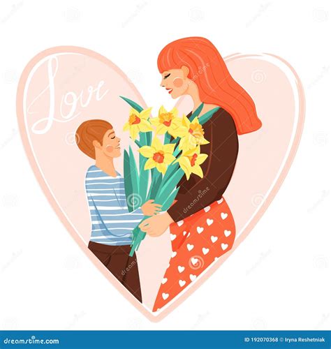 Happy Motherâ€™s Day Greeting Card Son Giving To His Mother Bouquet Of