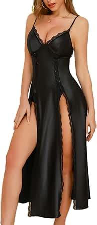 Cripom Lingerie Dress For Women V Neck Long Sexy Nightgowns For Women Side Split Sexy Night