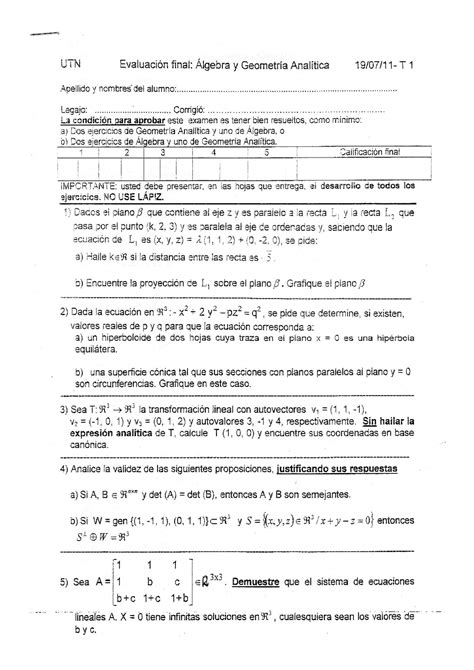 Exámen Final 2011 Algebra Y Geometría Analítica I Studocu