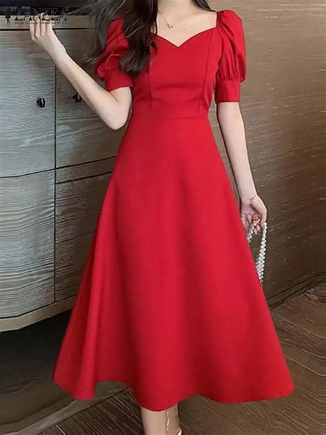 Zanzea Elegant Waist Party Dresses Vintage Evening Dress Women Puff Short Sleeve A Line Robe