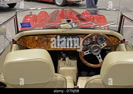 Inside morgan sports car vehicle red interior walnut dash dashboard old prestige antique Stock ...