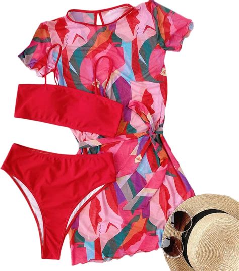 MakeMeChic Women S 3 Piece Bikini Set Swimsuit With Mesh Cover Up Dress