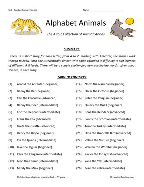 Alphabet Animals Reading Comprehension Test Collection Have Fun Teaching