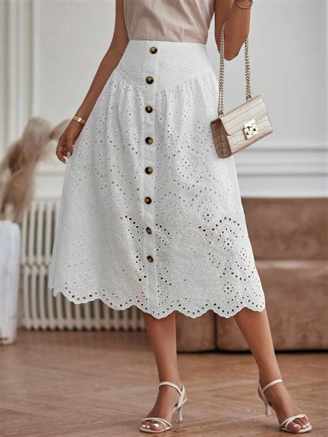 Shein Lune Eyelet Embroidery Button Front Scallop Trim Schiffy Skirt