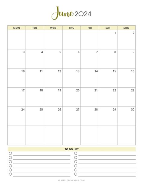 June 2024 Monthly Calendar Template Monday Start