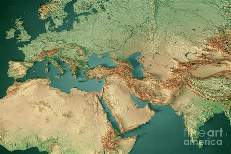 Europe India Middle East 3D Render Topographic Map Dark Ocean Co