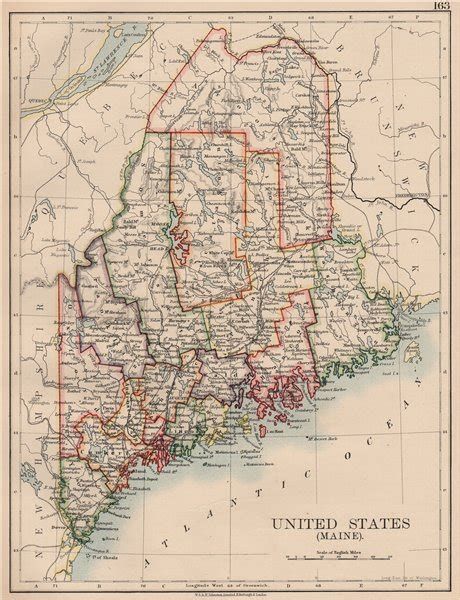 Maine State Map Showing Counties Railroads Johnston Old Antique