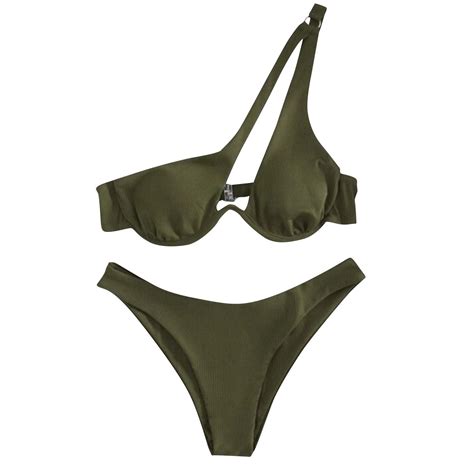 Arnsht Women S Split Shoulder Steel Support Bikini Solid Color Two Piece Swimsuit Bikini