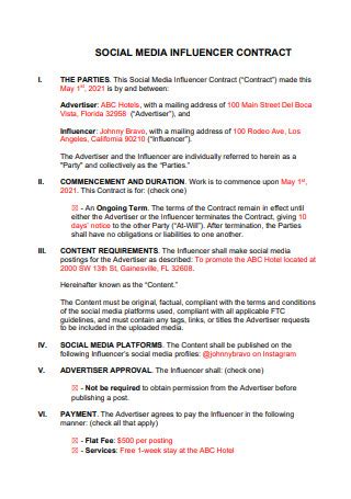 Sample Influencer Contract In Pdf Ms Word