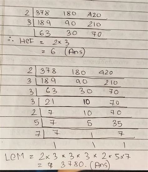 Hcf And Lcm Of 378 180 And 420 By Using Prime Factorization Method