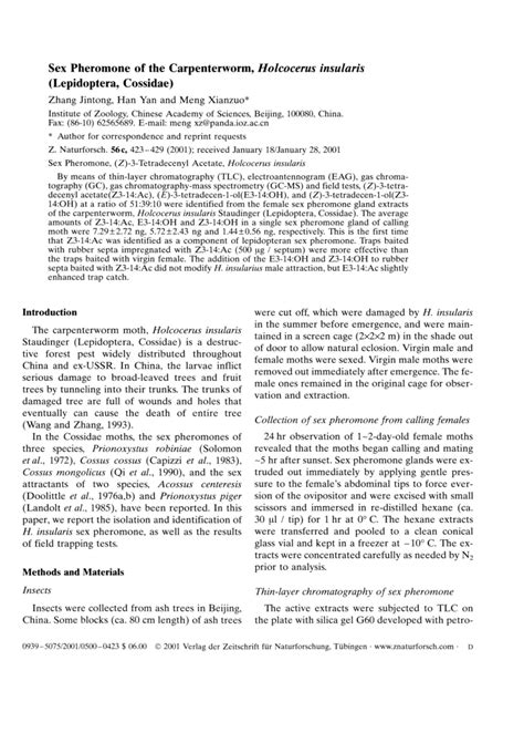 PDF Sex Pheromone Of The Carpenterworm Holcocerus Insularis Lepidoptera Cossidae