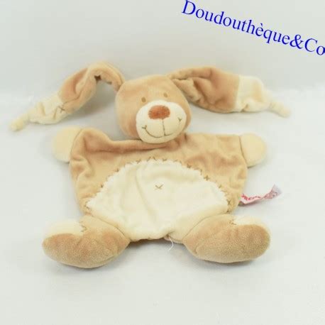 Doudou Flat Rabbit Nicotoy Bastien Cross Embroidered Brown Beige Cm