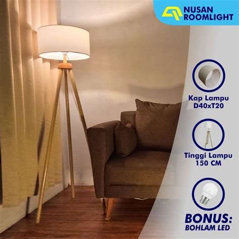 Jual Lampu Berdiri Standing Lantai Sudut Beside Floor Lamp Tripod Kayu