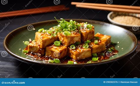 Pan Fried Tofu With Garlic Sauce Golden Tofu Slabs Bathed In A Savory