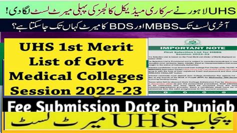 UHS College Wise Merit List For MBBS BDS Admissions Issued UHS MBBS BDS