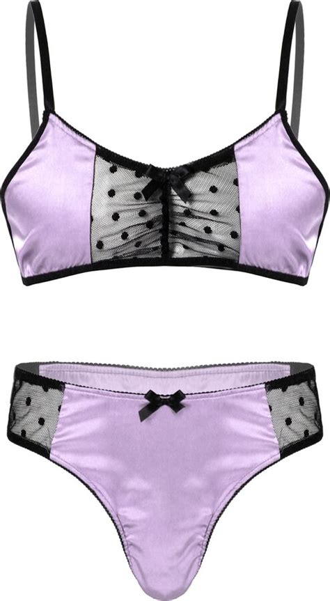 Jowowha Mens Sissy Crossdress Lingerie Set Shiny Satin Mesh Splice Wireless Bra Top Briefs
