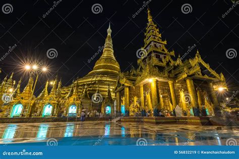 Shwedagon Golden Pagoda At Night Yangonmyanmar Stock Image Image Of