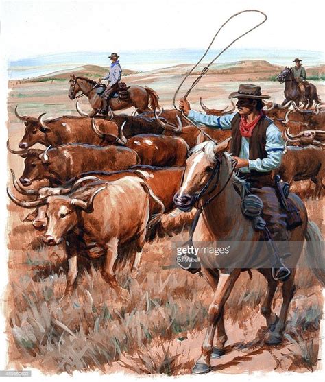 A Painting Depicting Cowboys During A Cattle Drive From Texas To Kansas