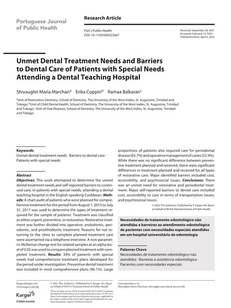 Pdf Unmet Dental Treatment Needs And Barriers To Dental Care Of