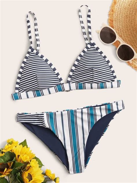 Striped Triangle Top With High Cut Bikini