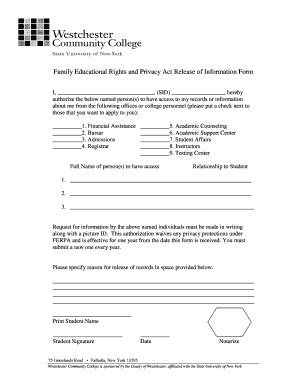 Ferpa Release Form Westchester Community College Sunywcc Fill And