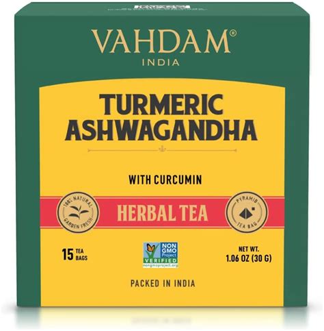 Vahdam Turmeric Ashwagandha Herbal Tea Bags 15 Count 100