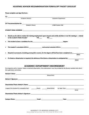 Fillable Online Academic Advisor Recommendation Form Fax Email Print