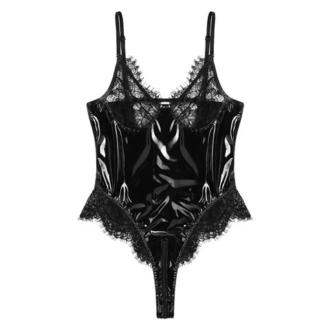 Women One Piece Lingerie Wetlook Patent Leather Sexy Lace Cups Zippered