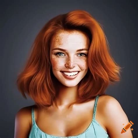 Beautiful Young Woman With Freckles And Auburn Bobbed Hair