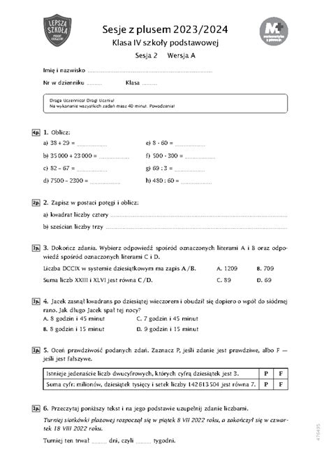 Klasowka wersja a Diagnoza Sesje z plusem 2023 Klasa IV szkoły
