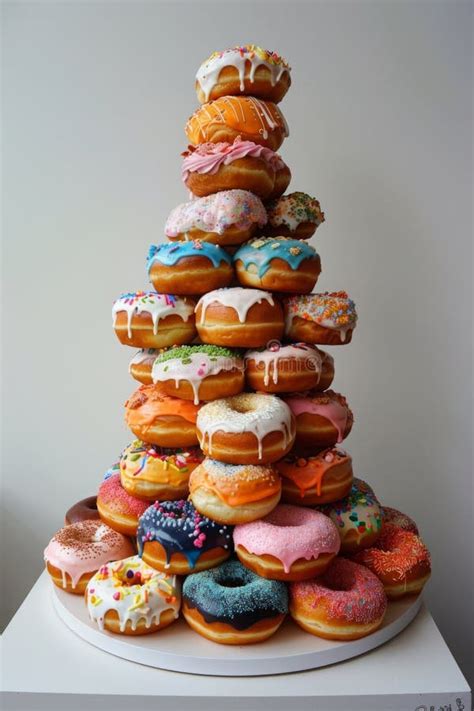 A Towering Stack Of Colorful Donuts With Various Icings And Sprinkles