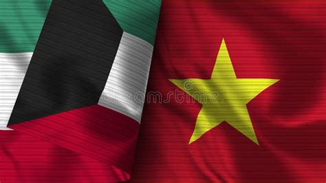 Vietnam And Kuwait Realistic Flag Fabric Texture Illustration Stock