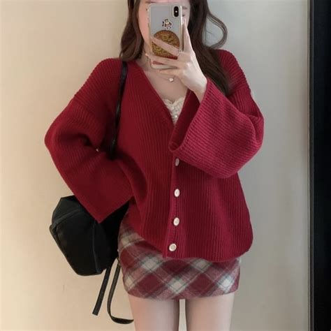 Mikiko Long Sleeve V Neck Knit Top Plaid Mini Skirt YesStyle