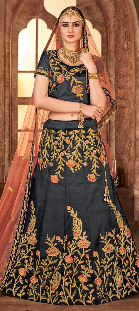 1534311 Mehendi Sangeet Black And Grey Color Satin Silk Silk Fabric Lehenga