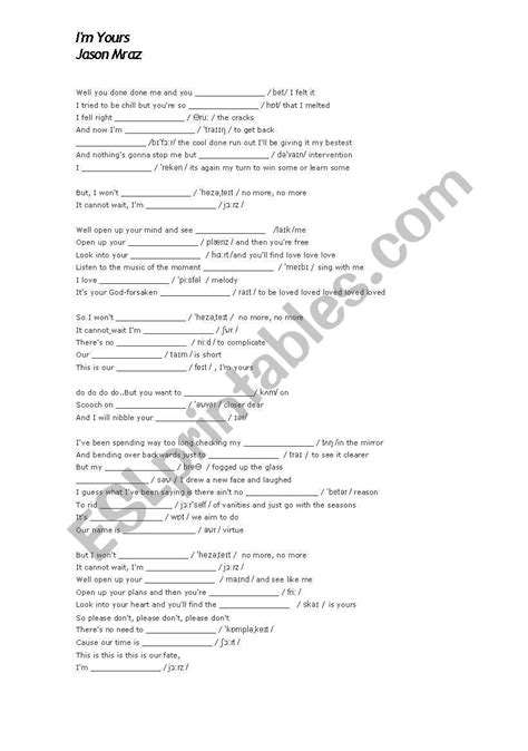 Im Yours Jason Mraz Esl Worksheet By Apcoelhotonolli