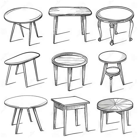 Tables Sketched Set Different Line Drawing Desks Square And Round