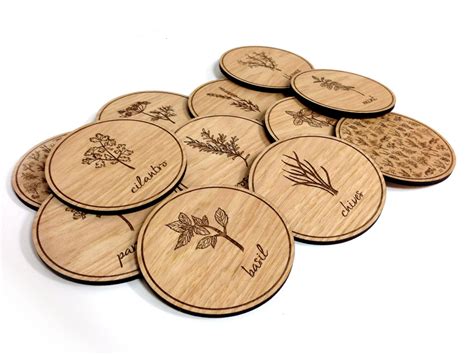 Wood Engraved Coasters Herb Illustrations Set Of By Milenine