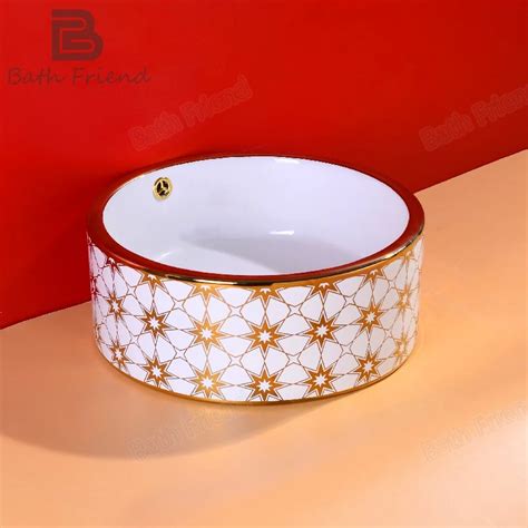 Gold Edge Basin Decals Pattern White Round Bathroom Sink Porcelain