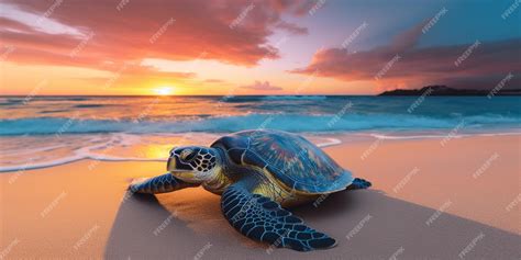 Premium AI Image | A turtle on the beach at sunset