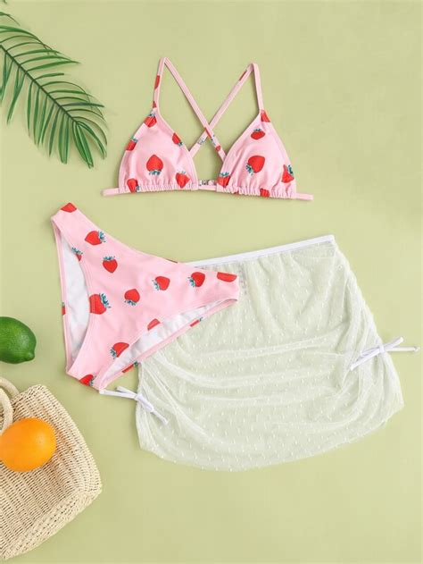 SHEIN Teen Girls Strawberry Print Criss Cross Bikini Swimsuit With