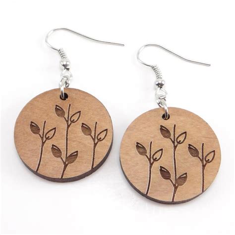 Laser Engraved Leaf Earrings Wood Earrings Round Earrings Etsy