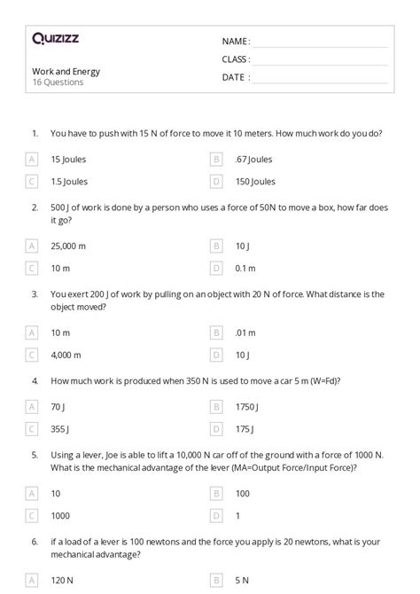 Work And Energy Worksheets For Th Class On Quizizz Free Printable