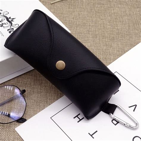 Portable Eyewear With Metal Buckle Black PU Leather Glasses Bag