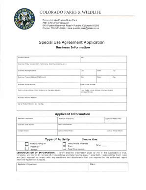 Fillable Online Lake Pueblo Special Use Agreement Application Form