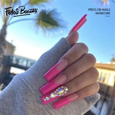 Fofosbeauty Pcs Press On False Nails Long Coffin Fake Nails French Hot Pink Stones Walmart