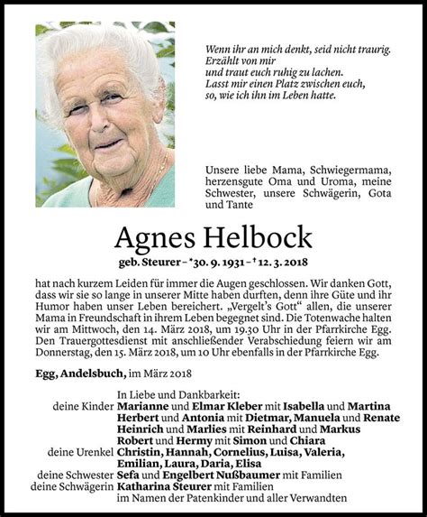 Todesanzeigen Von Agnes Helbock Todesanzeigen Vorarlberger Nachrichten